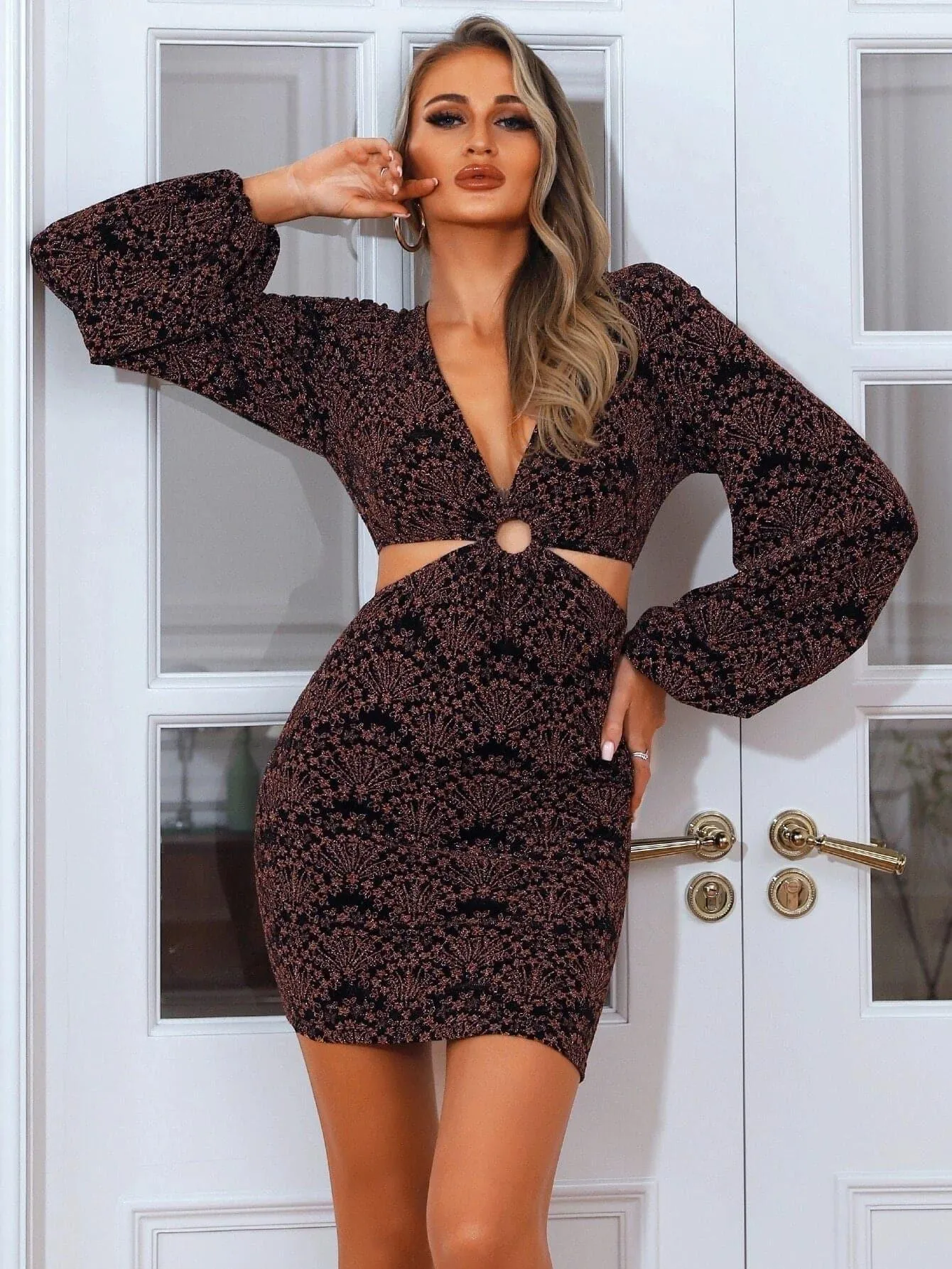 Ditsy Floral Plunging Neck Sequin Cut Out Mini Multicolor Bodycon Dress XH1478