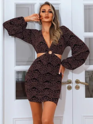 Ditsy Floral Plunging Neck Sequin Cut Out Mini Multicolor Bodycon Dress XH1478