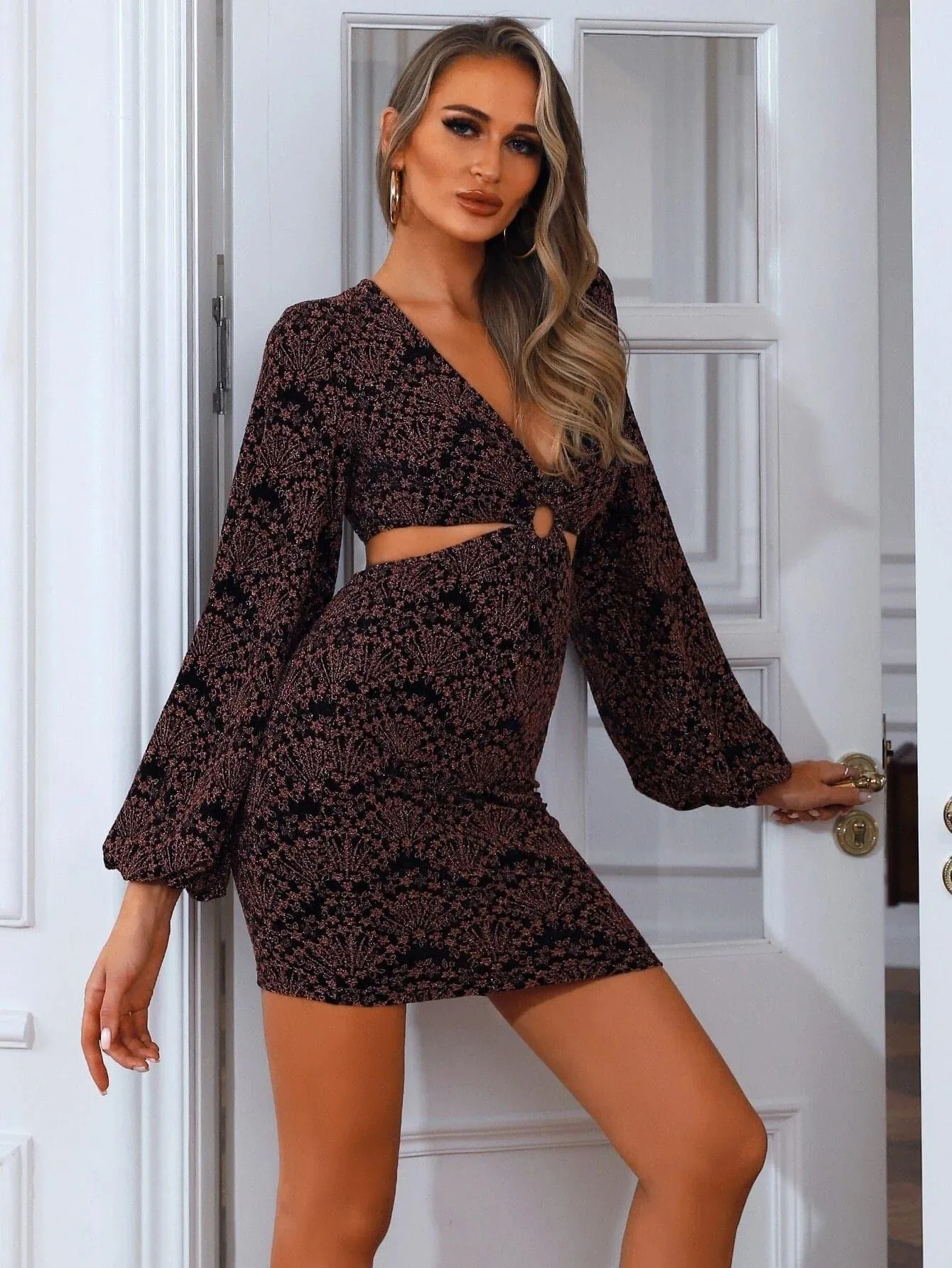 Ditsy Floral Plunging Neck Sequin Cut Out Mini Multicolor Bodycon Dress XH1478