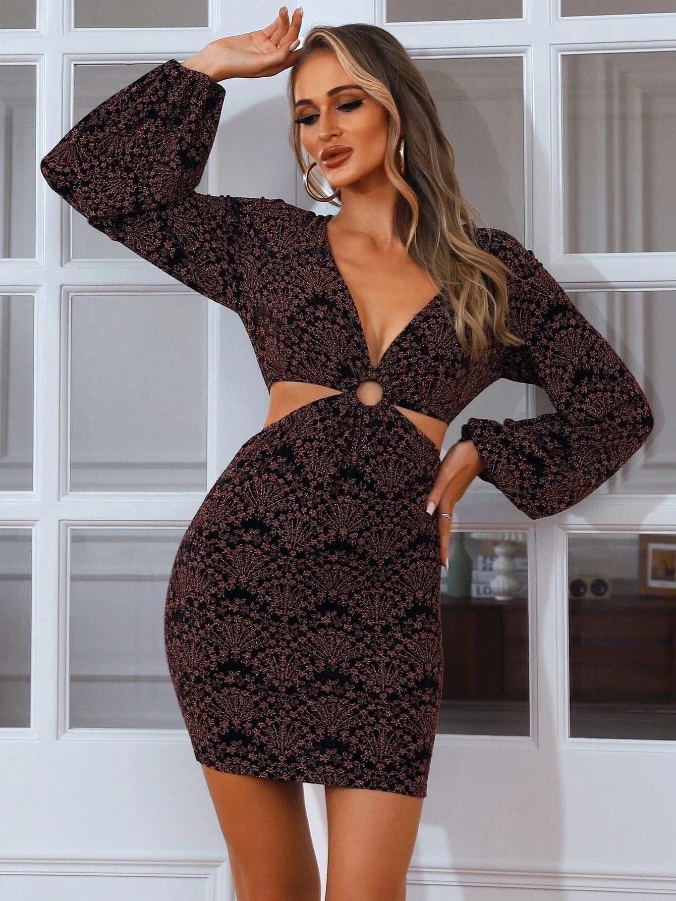 Ditsy Floral Plunging Neck Sequin Cut Out Mini Multicolor Bodycon Dress XH1478