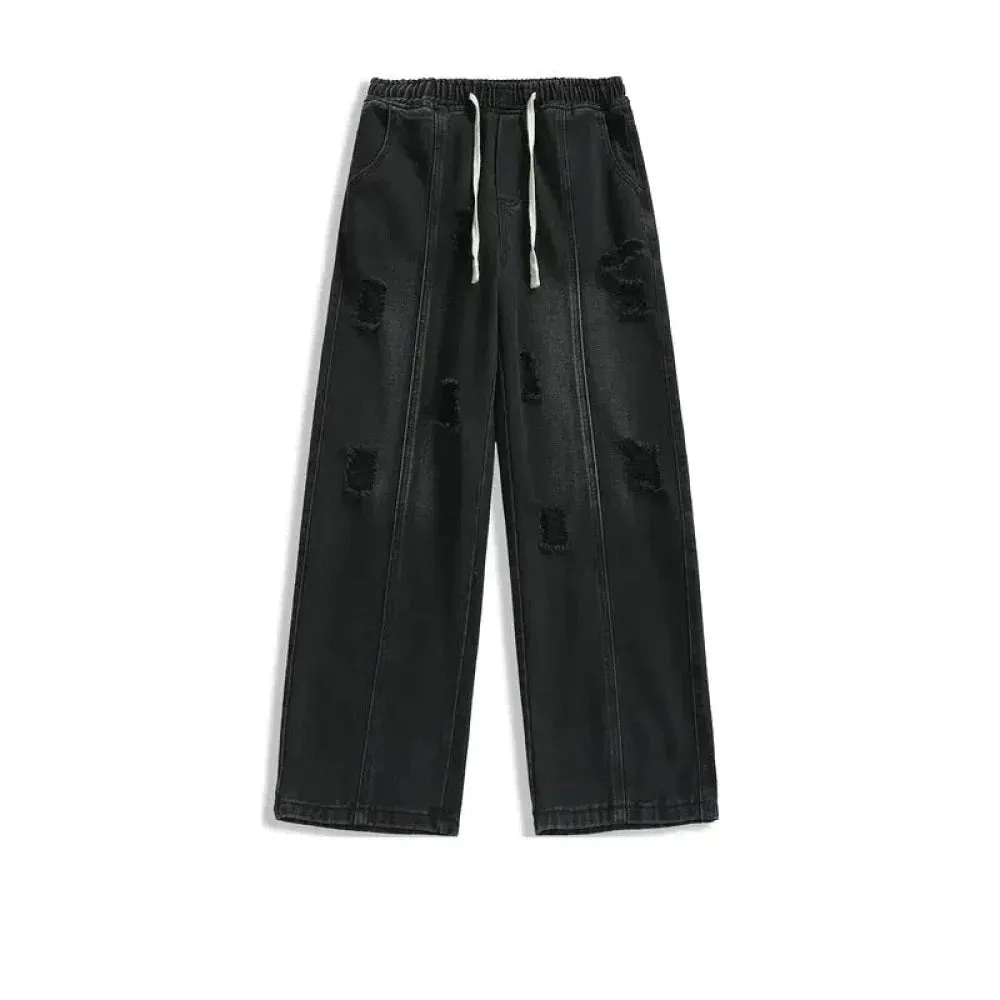 Elastic Drawstring Ripped Straight Jeans
