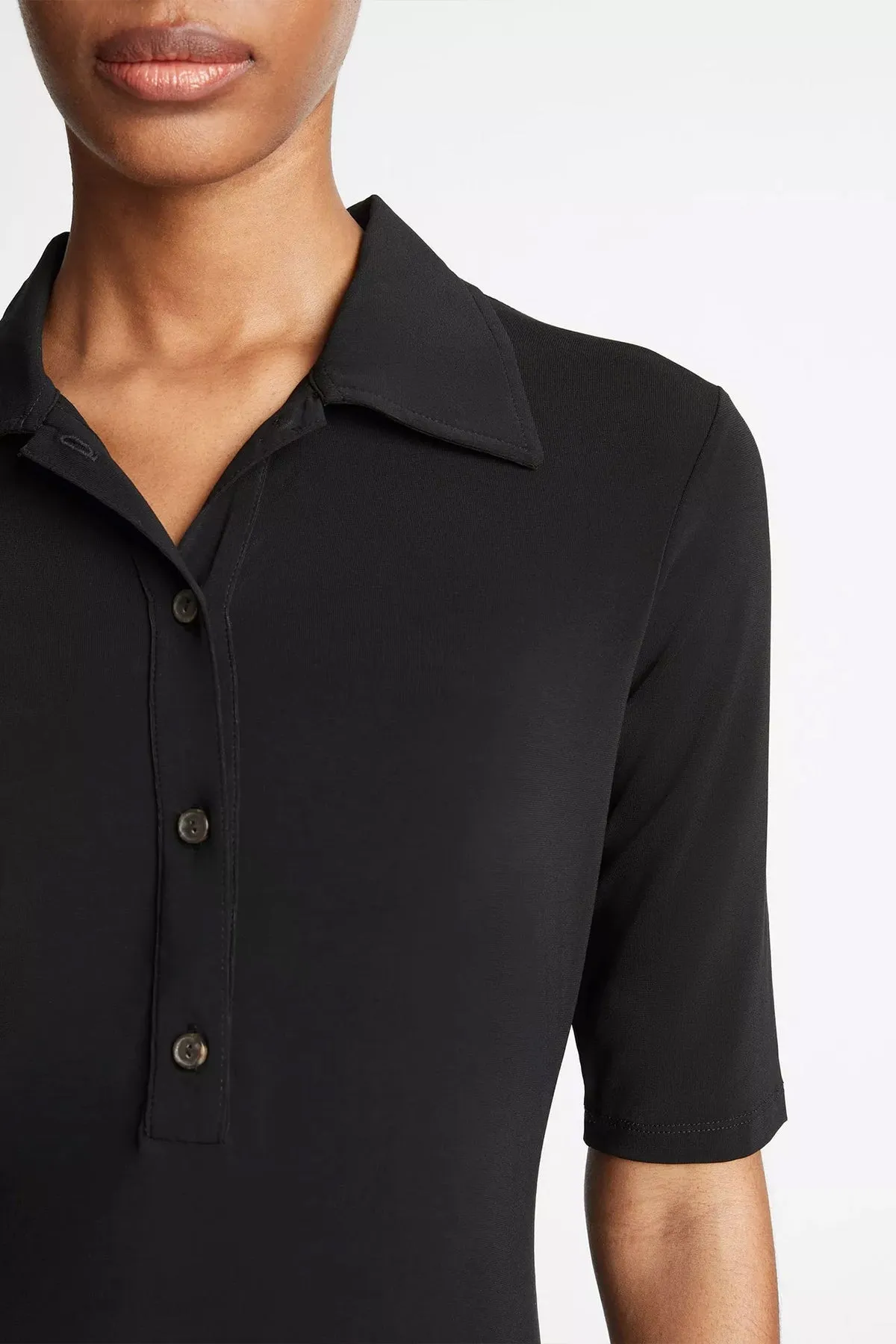 Elbow-Sleeve Polo Dress in Black