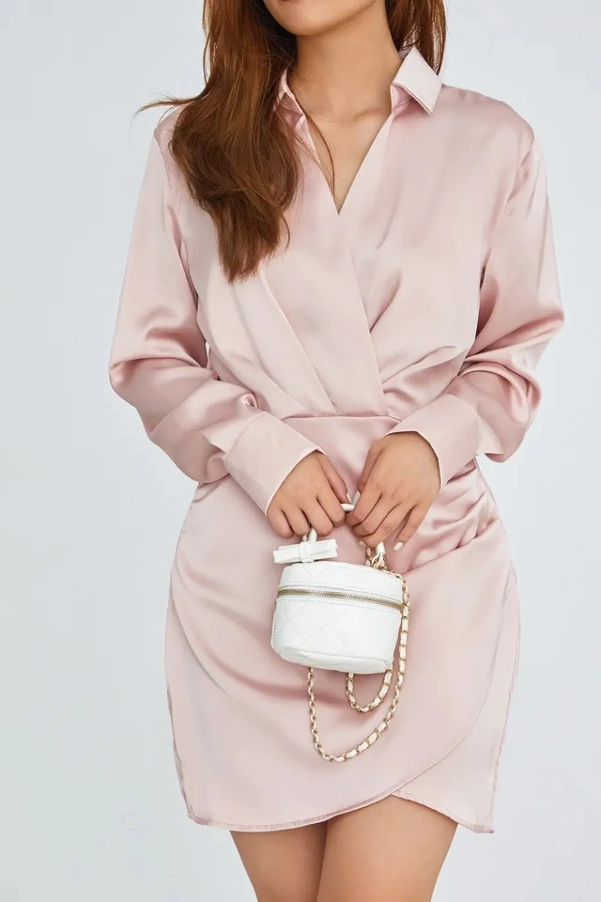 ELEANOR Draped Wrap Satin Collared Mini Dress (Blush Pink)
