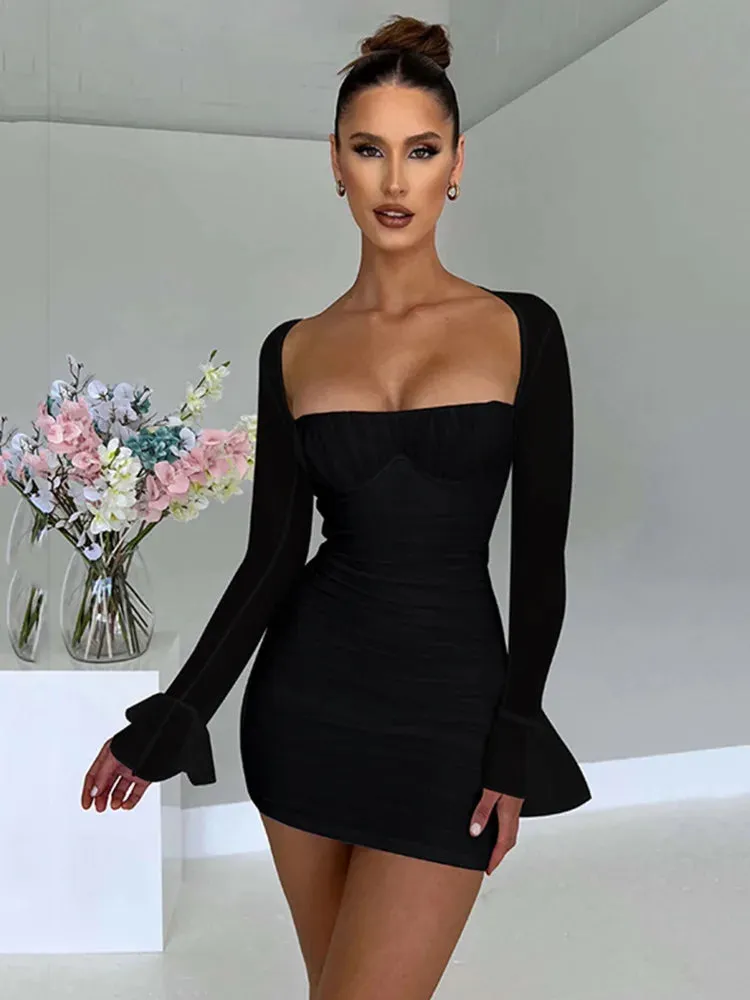 Elegant Backless Sexy Mini Dress For Women Two Layer Mesh Full Sleeve Zipper Bodycon Club Party Short Dress