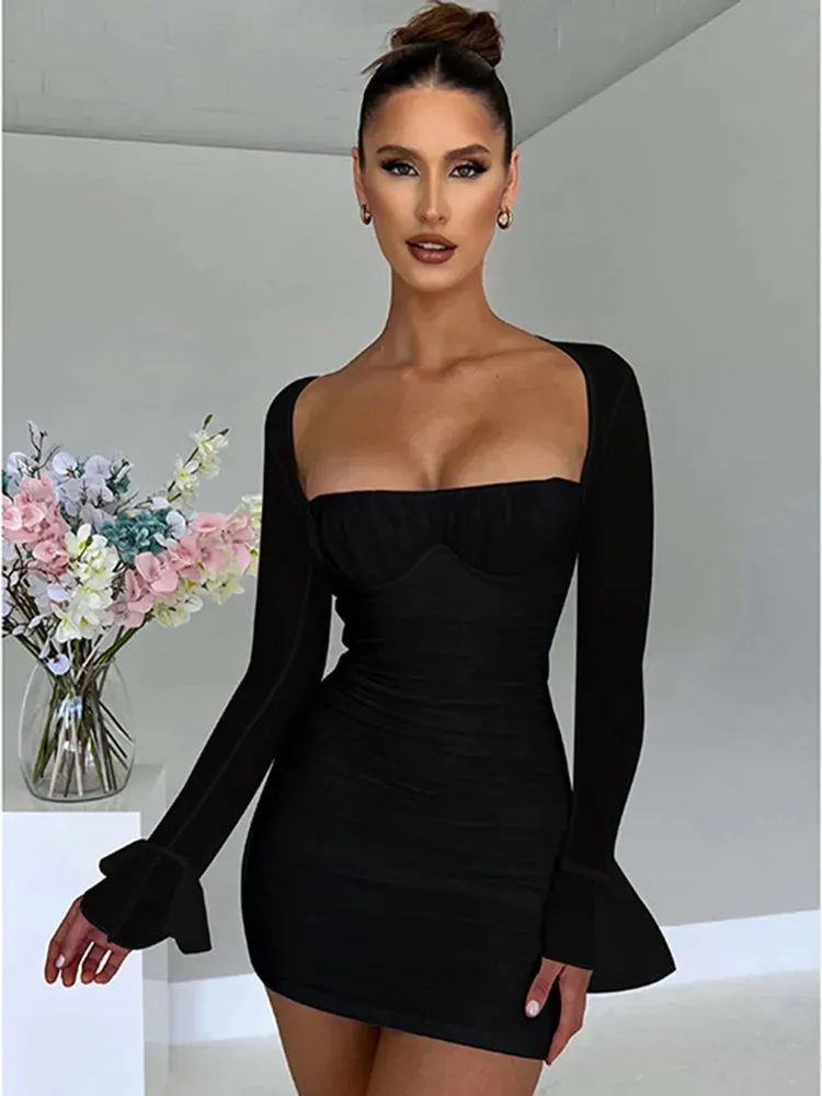 Elegant Backless Sexy Mini Dress For Women Two Layer Mesh Full Sleeve Zipper Bodycon Club Party Short Dress