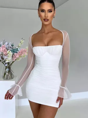 Elegant Backless Sexy Mini Dress For Women Two Layer Mesh Full Sleeve Zipper Bodycon Club Party Short Dress