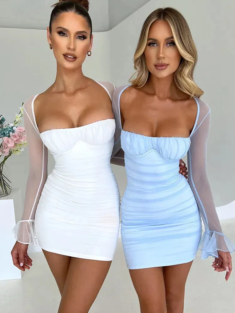 Elegant Backless Sexy Mini Dress For Women Two Layer Mesh Full Sleeve Zipper Bodycon Club Party Short Dress