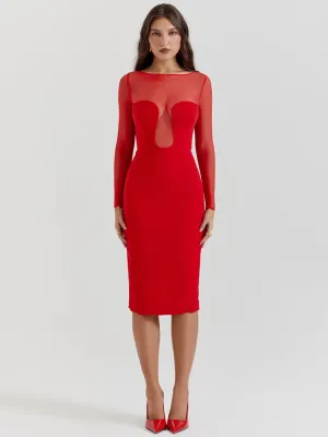 Elegant Strapless Sexy Midi Dress For Women Fashion Sheer Long Sleeve Backless Split Bodycon Club Party Sexy Long Dress