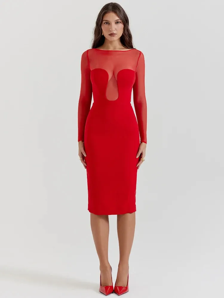 Elegant Strapless Sexy Midi Dress For Women Fashion Sheer Long Sleeve Backless Split Bodycon Club Party Sexy Long Dress