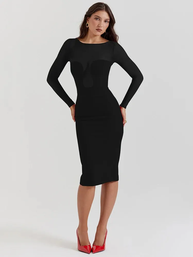 Elegant Strapless Sexy Midi Dress For Women Fashion Sheer Long Sleeve Backless Split Bodycon Club Party Sexy Long Dress