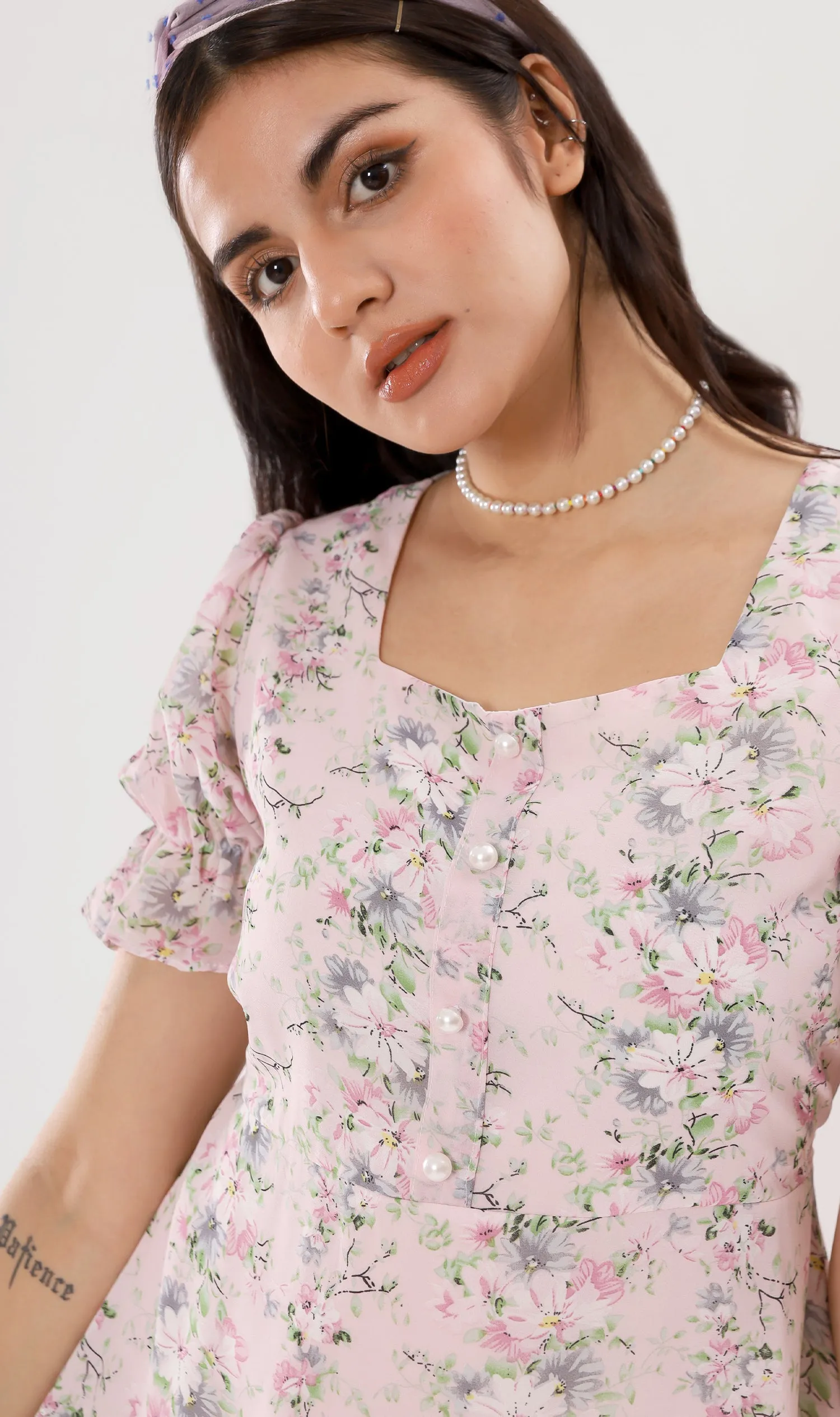 ELODIE Buttoned Puff-Sleeve Dress