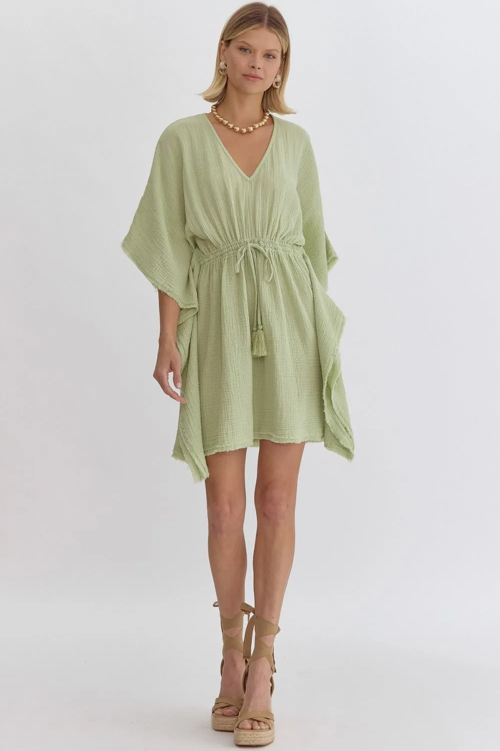Everything You Say Bat Wing V Neck Mini Dress - Celery