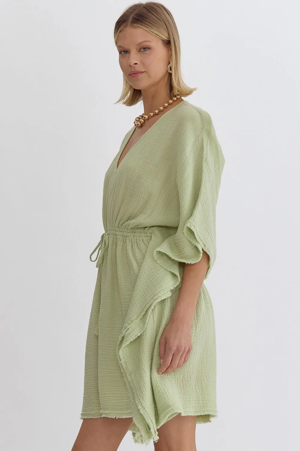 Everything You Say Bat Wing V Neck Mini Dress - Celery