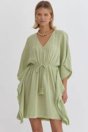 Everything You Say Bat Wing V Neck Mini Dress - Celery