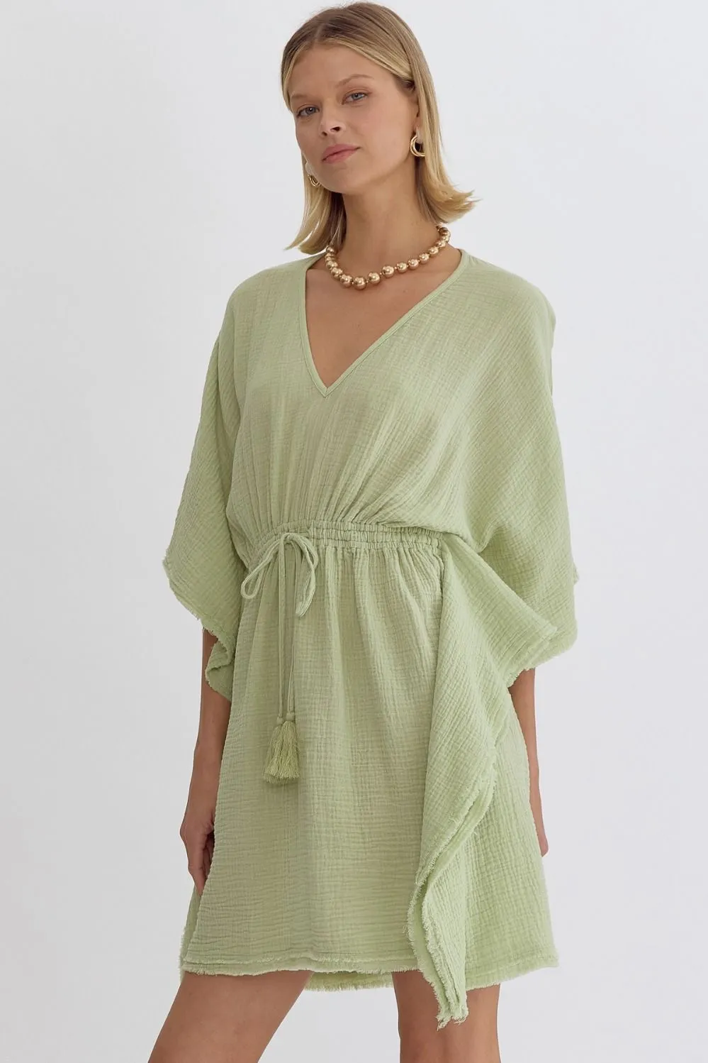 Everything You Say Bat Wing V Neck Mini Dress - Celery