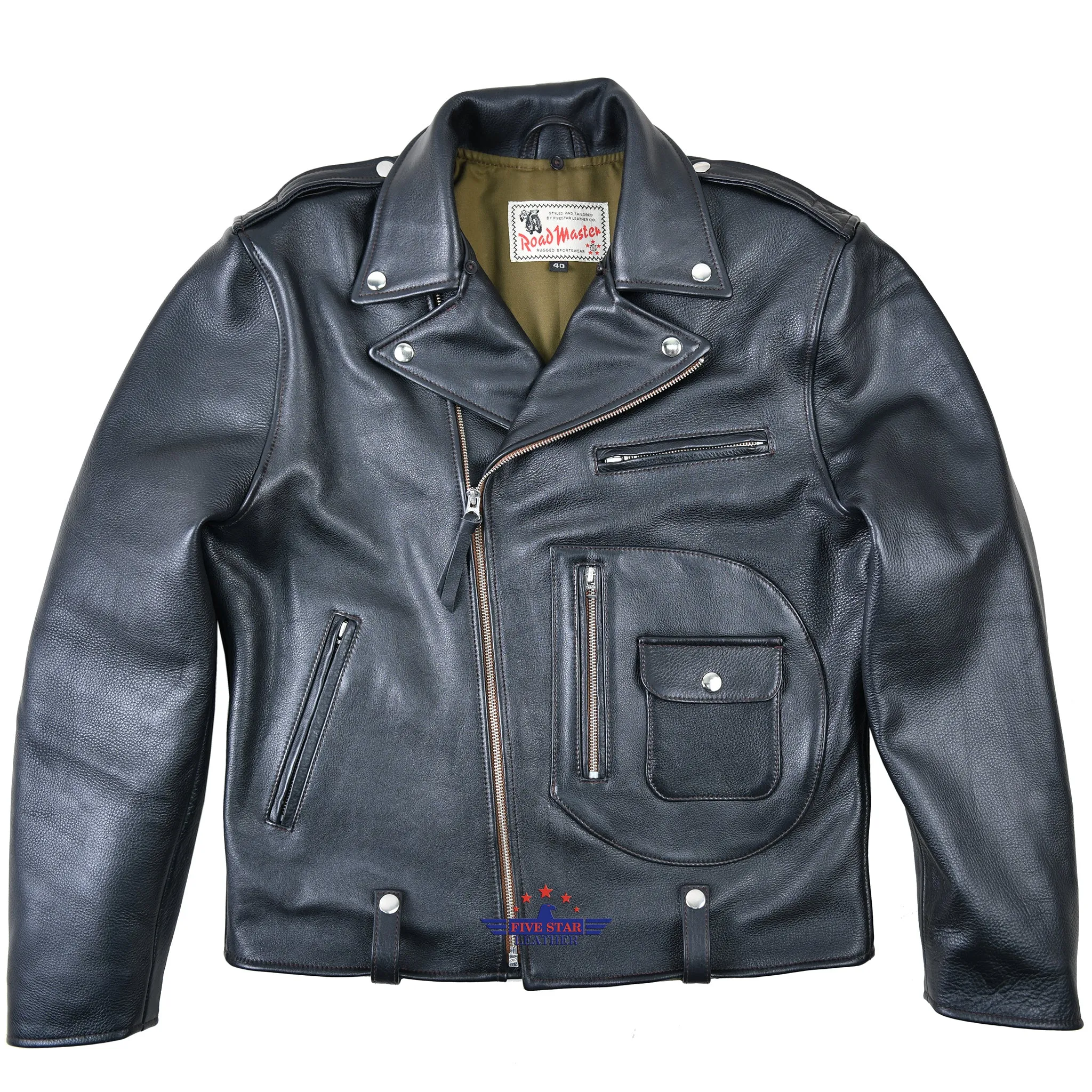 FiveStar Leather Vintage D Pocket Road Master Men Jacket Black Steerhide