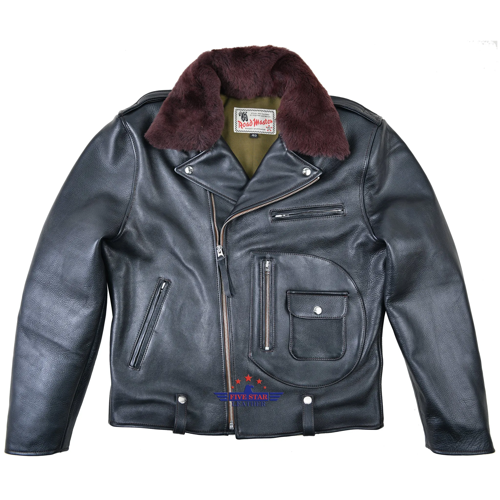 FiveStar Leather Vintage D Pocket Road Master Men Jacket Black Steerhide