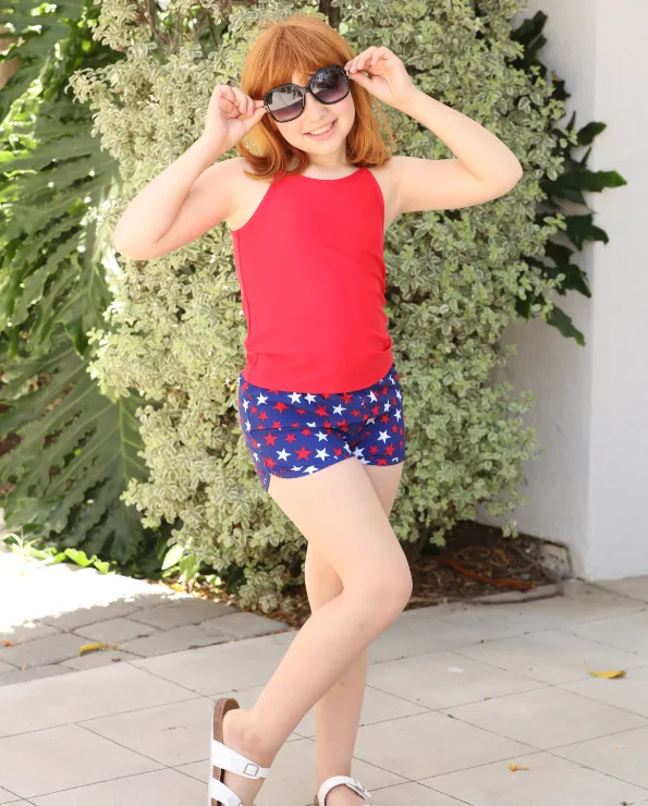 Girls UPF 50  Recycled Poly Printed Swim Trunks | Blue Hawaii
