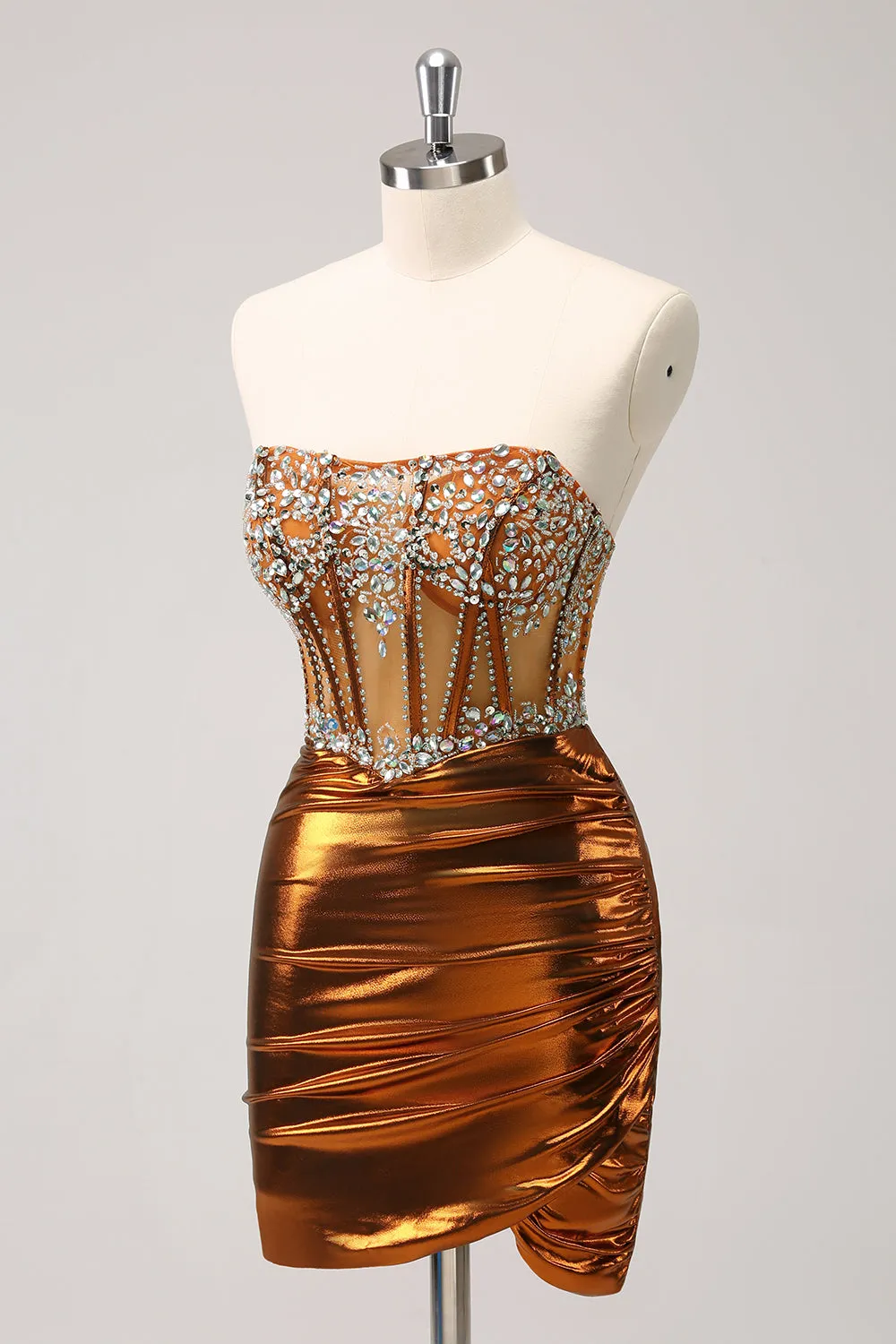 Glitter Copper Tight Strapless Corset Short Homecoming Dress with Beading