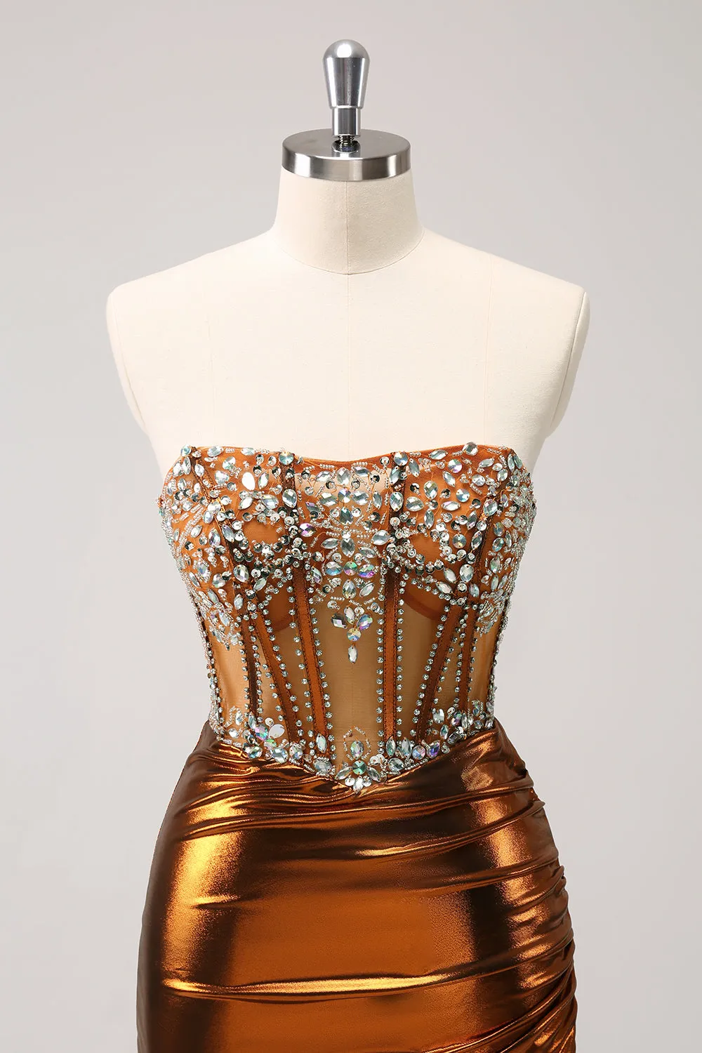 Glitter Copper Tight Strapless Corset Short Homecoming Dress with Beading