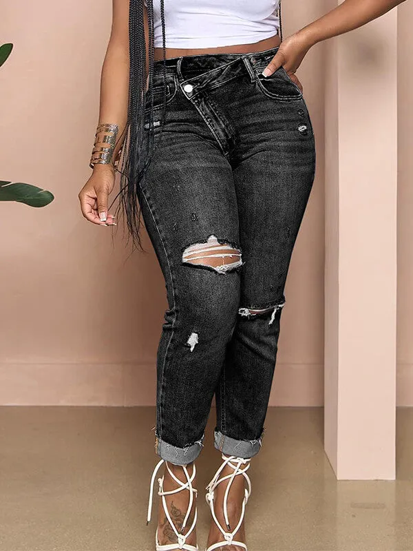 Gorgeousladie Asymmetric Ripped Jeans