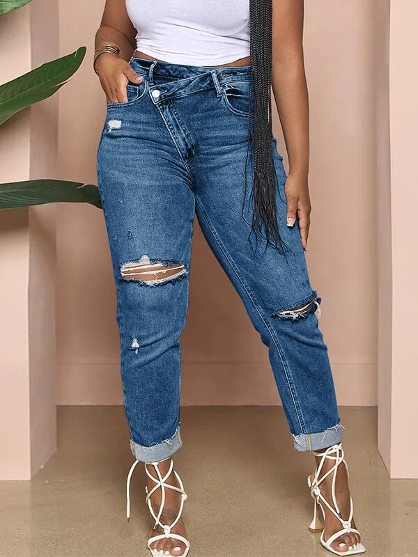 Gorgeousladie Asymmetric Ripped Jeans