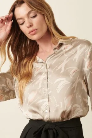 Greige Watercolor Floral Button Front Satin Shirt