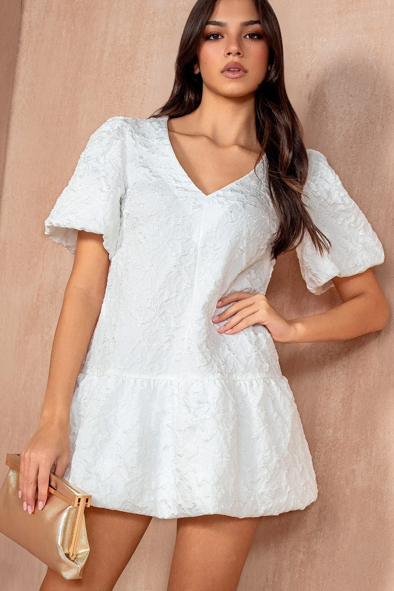 Hayley White Jacquard Puffball Dress