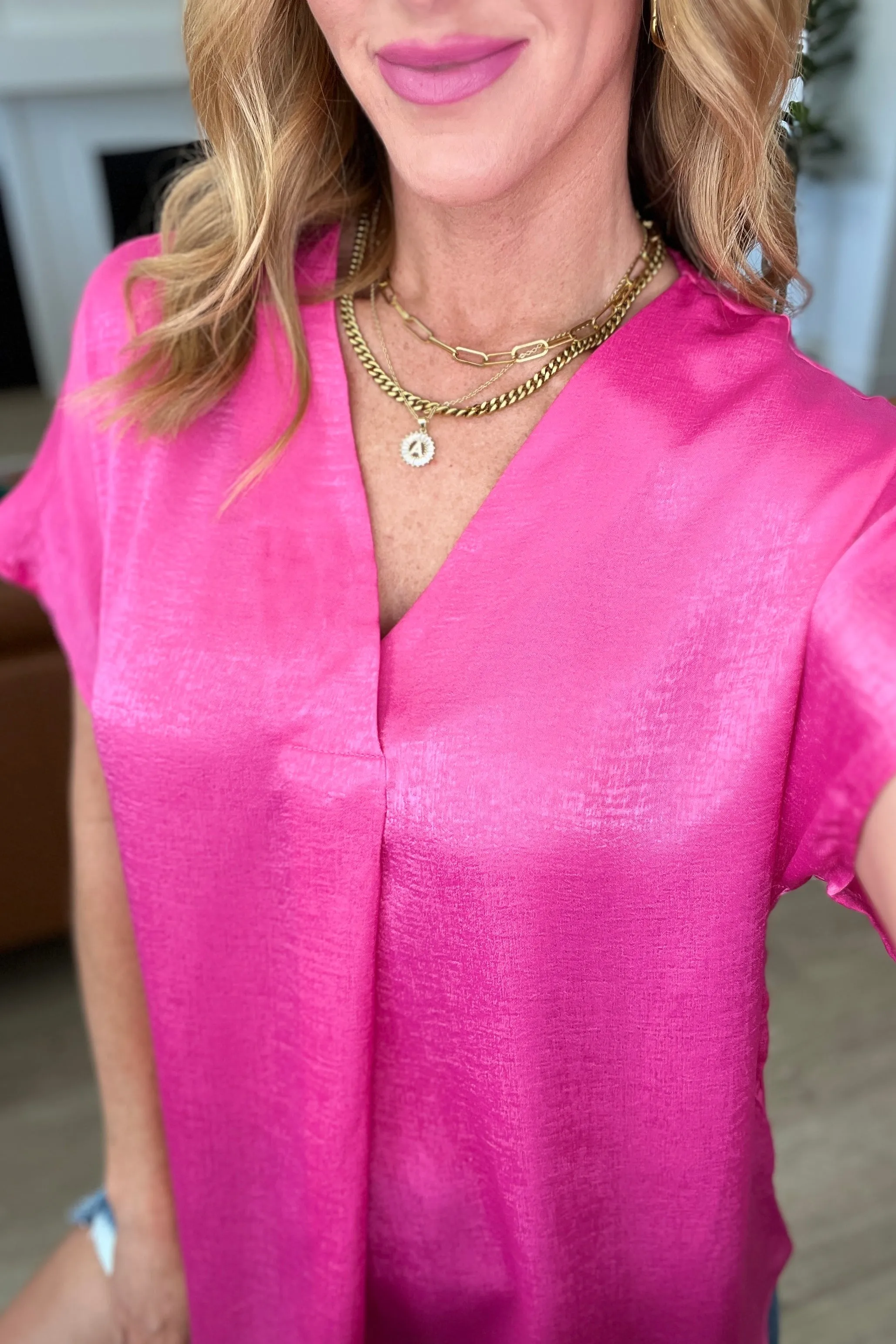 Hazel Blues® |  Pleat Front V-Neck Top in Hot Pink