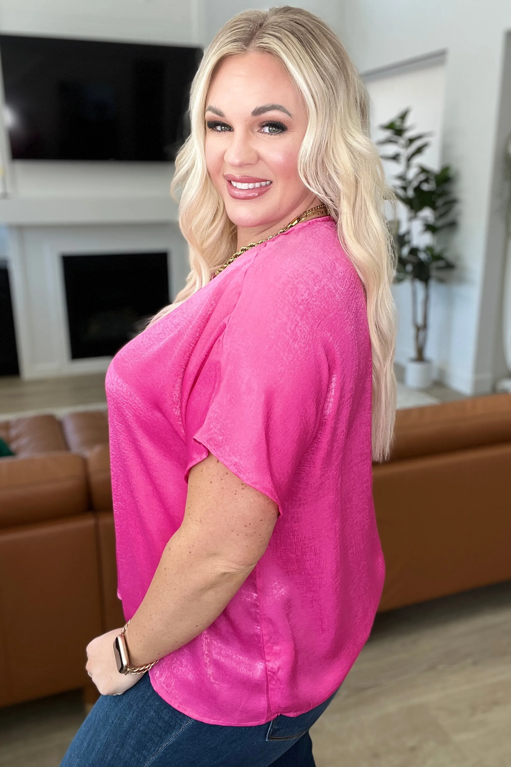 Hazel Blues® |  Pleat Front V-Neck Top in Hot Pink