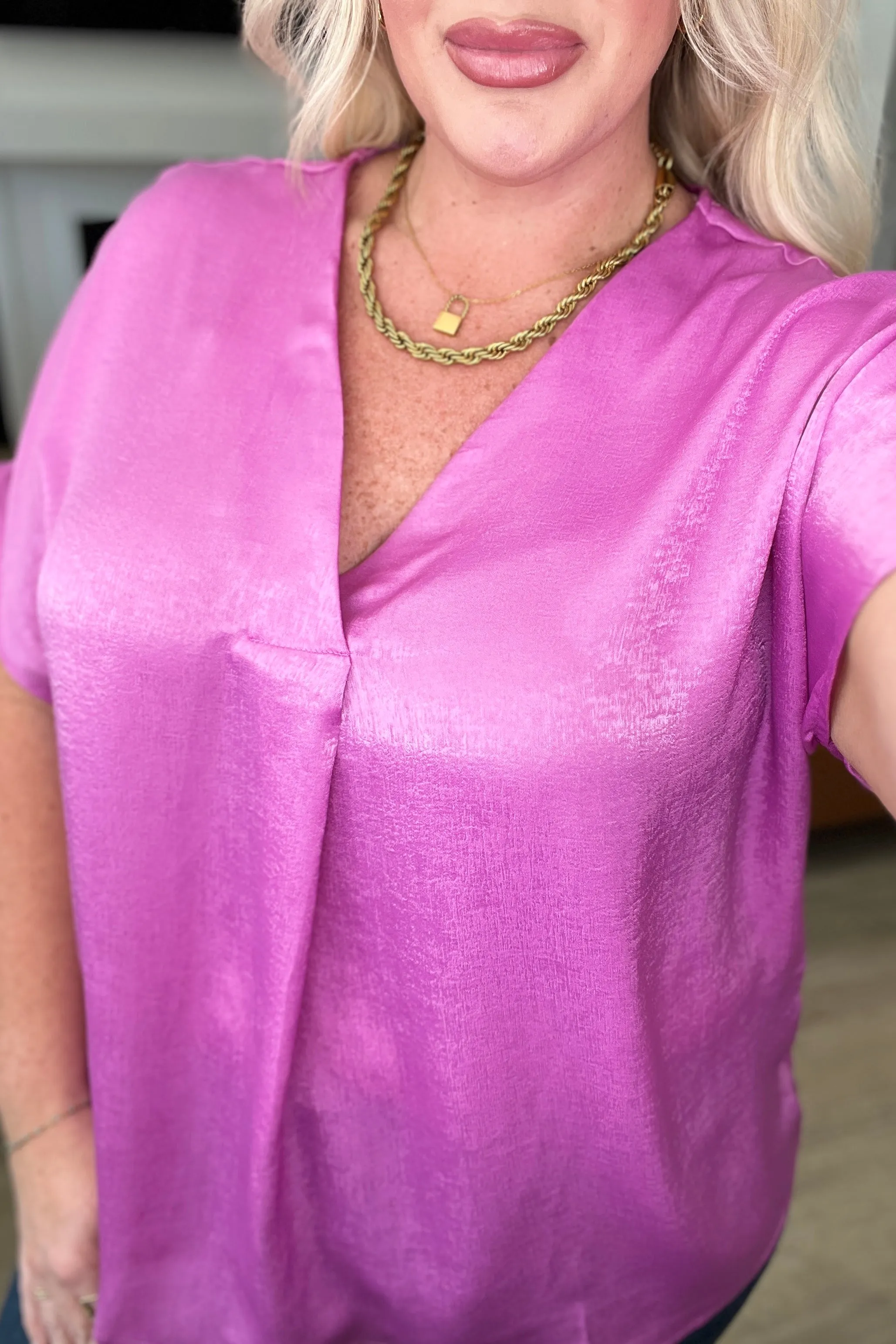 Hazel Blues® |  Pleat Front V-Neck Top in Spring Orchid