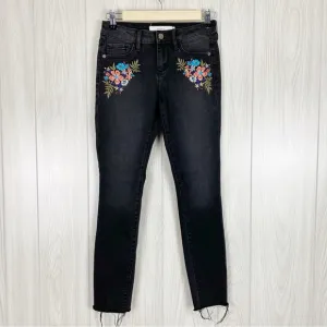 Hidden | Black Floral Embroidered Raw Hem Skinny Jeans Size 24