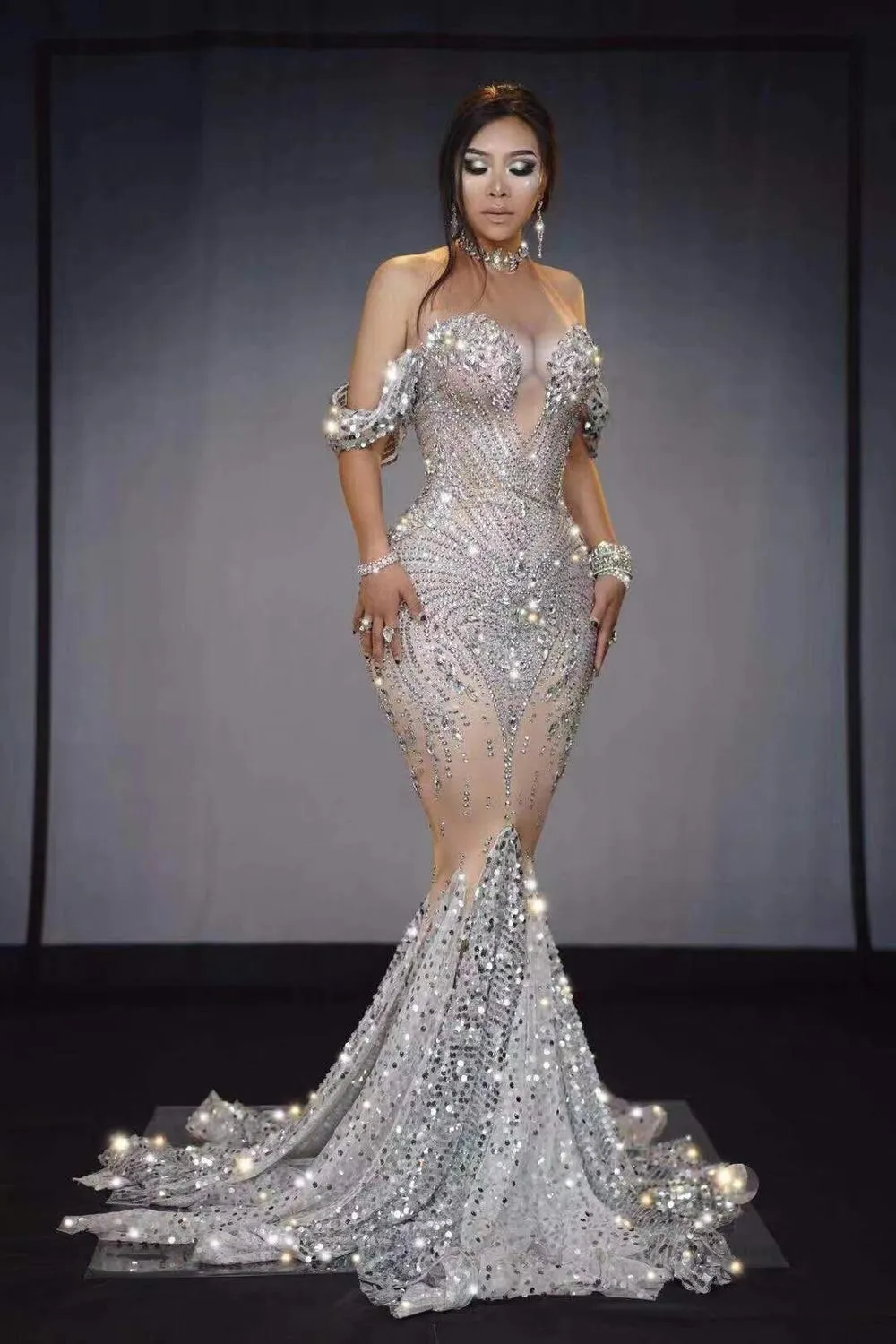 High Quality Celebrity Shining Beading Trumpet Long Dress Bodycon DJ Club Party Dancer Costume