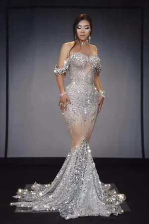 High Quality Celebrity Shining Beading Trumpet Long Dress Bodycon DJ Club Party Dancer Costume
