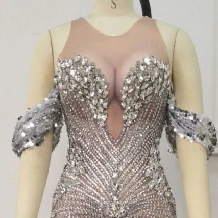 High Quality Celebrity Shining Beading Trumpet Long Dress Bodycon DJ Club Party Dancer Costume