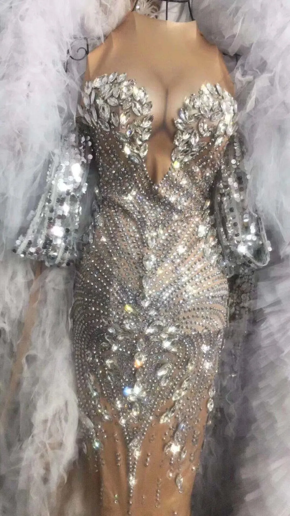 High Quality Celebrity Shining Beading Trumpet Long Dress Bodycon DJ Club Party Dancer Costume