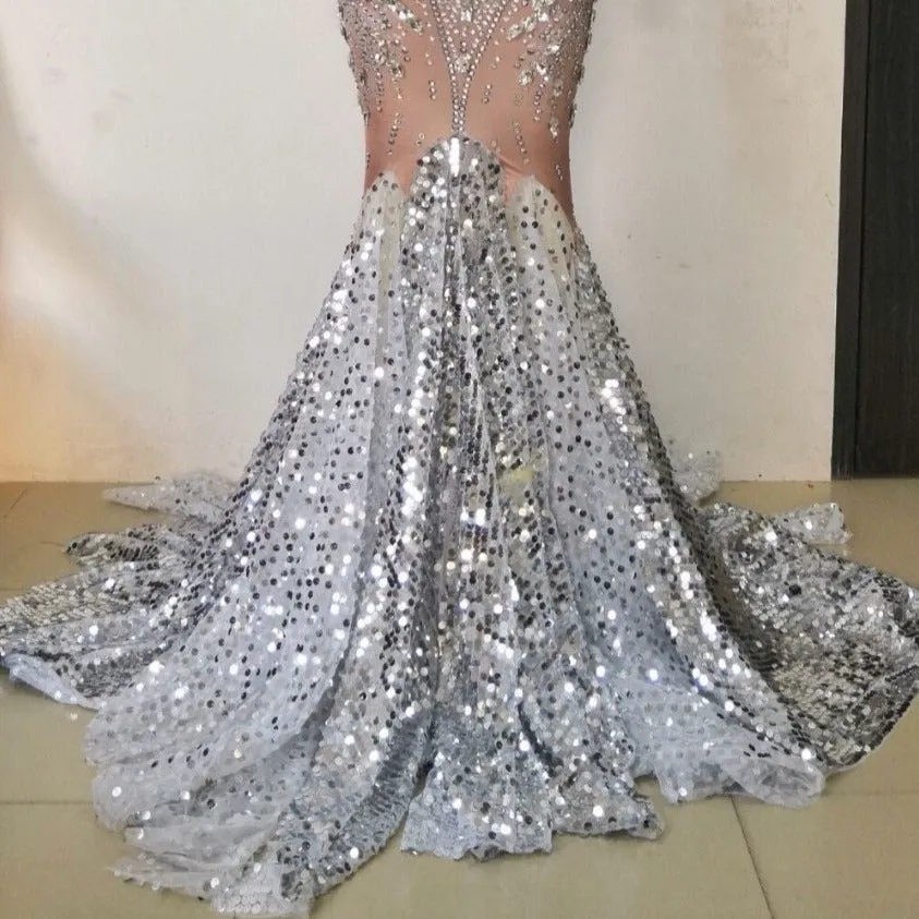 High Quality Celebrity Shining Beading Trumpet Long Dress Bodycon DJ Club Party Dancer Costume