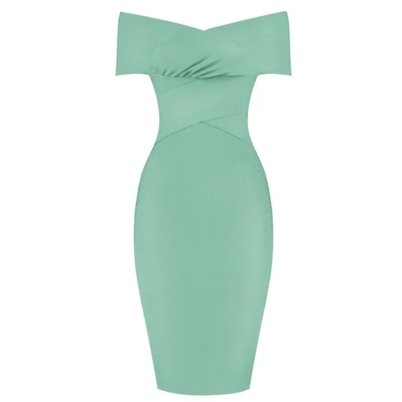 High Quality New Summer Women Bodycon Sexy Off The Shoulder Rayon Bandage Dress Club Dress Midi Celebrity Party Dress