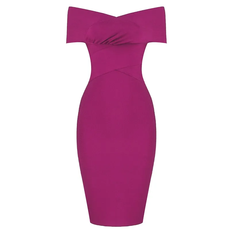 High Quality New Summer Women Bodycon Sexy Off The Shoulder Rayon Bandage Dress Club Dress Midi Celebrity Party Dress