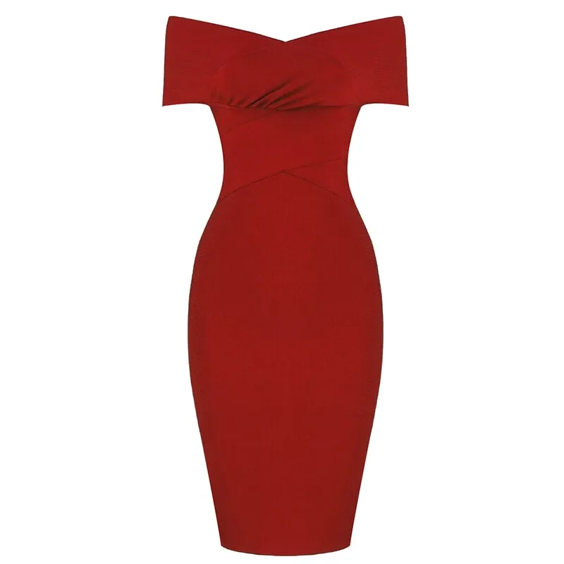 High Quality New Summer Women Bodycon Sexy Off The Shoulder Rayon Bandage Dress Club Dress Midi Celebrity Party Dress