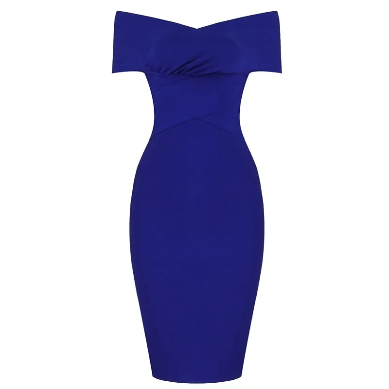 High Quality New Summer Women Bodycon Sexy Off The Shoulder Rayon Bandage Dress Club Dress Midi Celebrity Party Dress