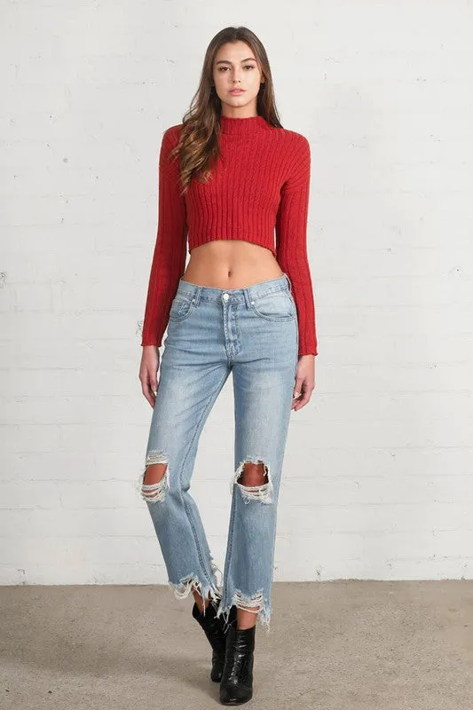 High Waist Ripped Frayed Hem Straight Jeans