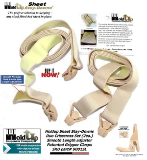 Hold-Up Crisscross long Fitted Sheet Strap called Stay-downs with US Patented Gripper Clasps