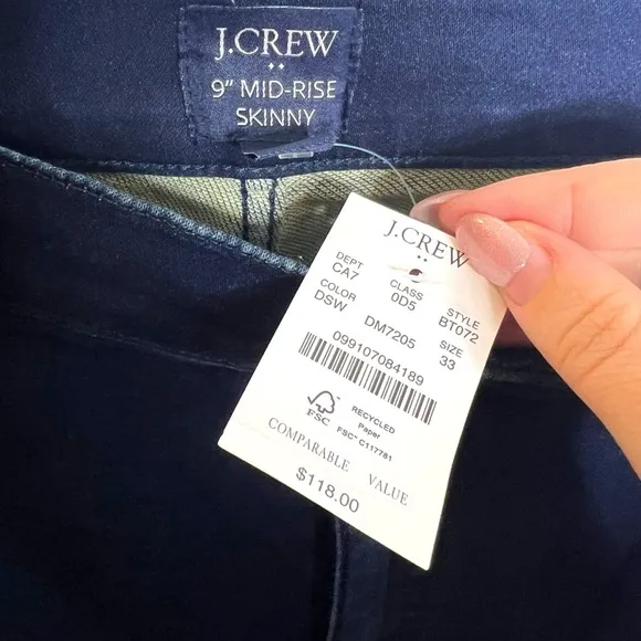 J. Crew Dark Wash 9&quot; Mid Rise Signature Stretch  Skinny Jeans, NWT, Size 33
