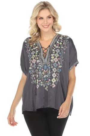 Johnny Was Biya Hendaya Embroidered Satin Blouse B14019 Boho Chic