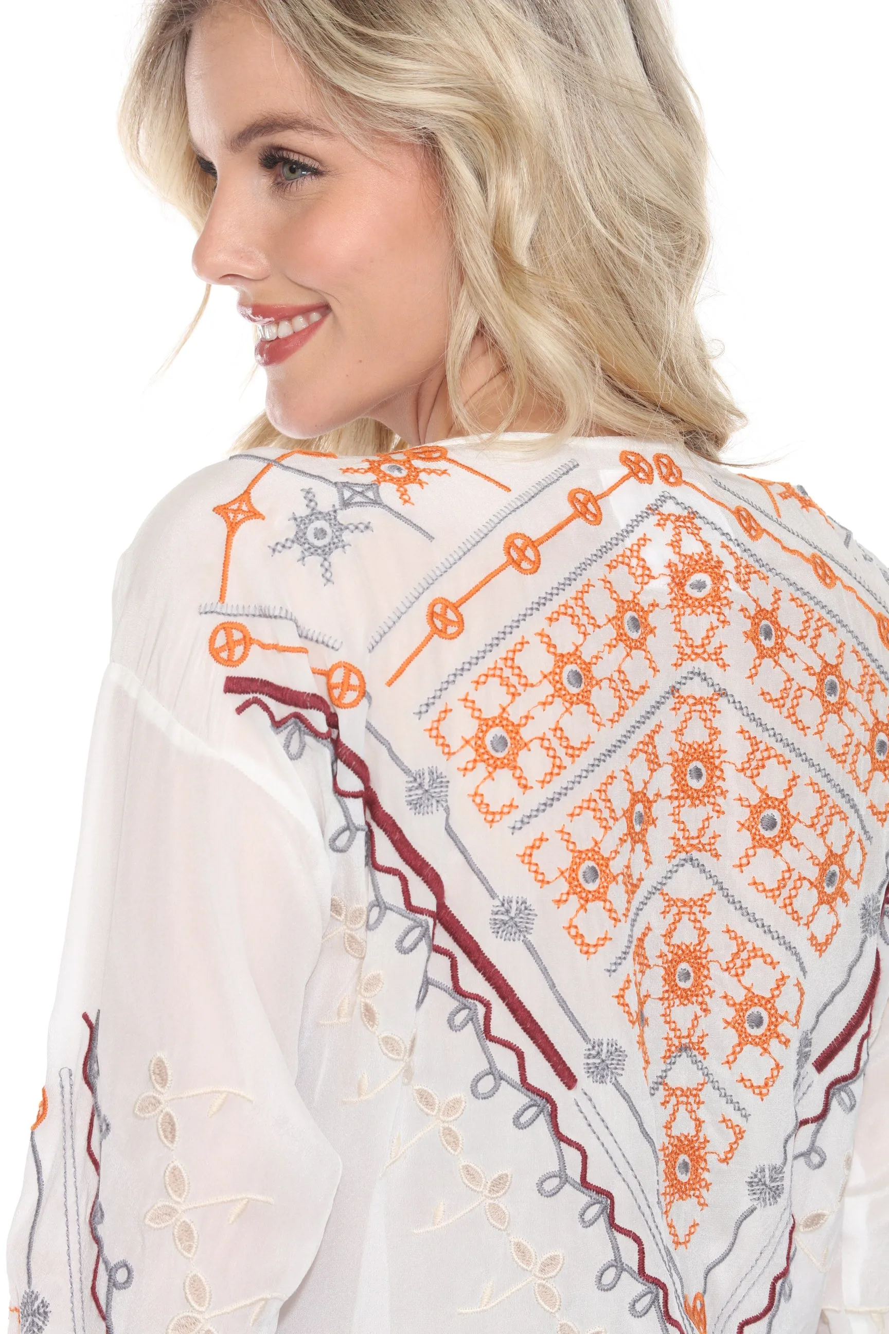 Johnny Was Biya White Charlize Embroidered Silk Blouse B17525A3