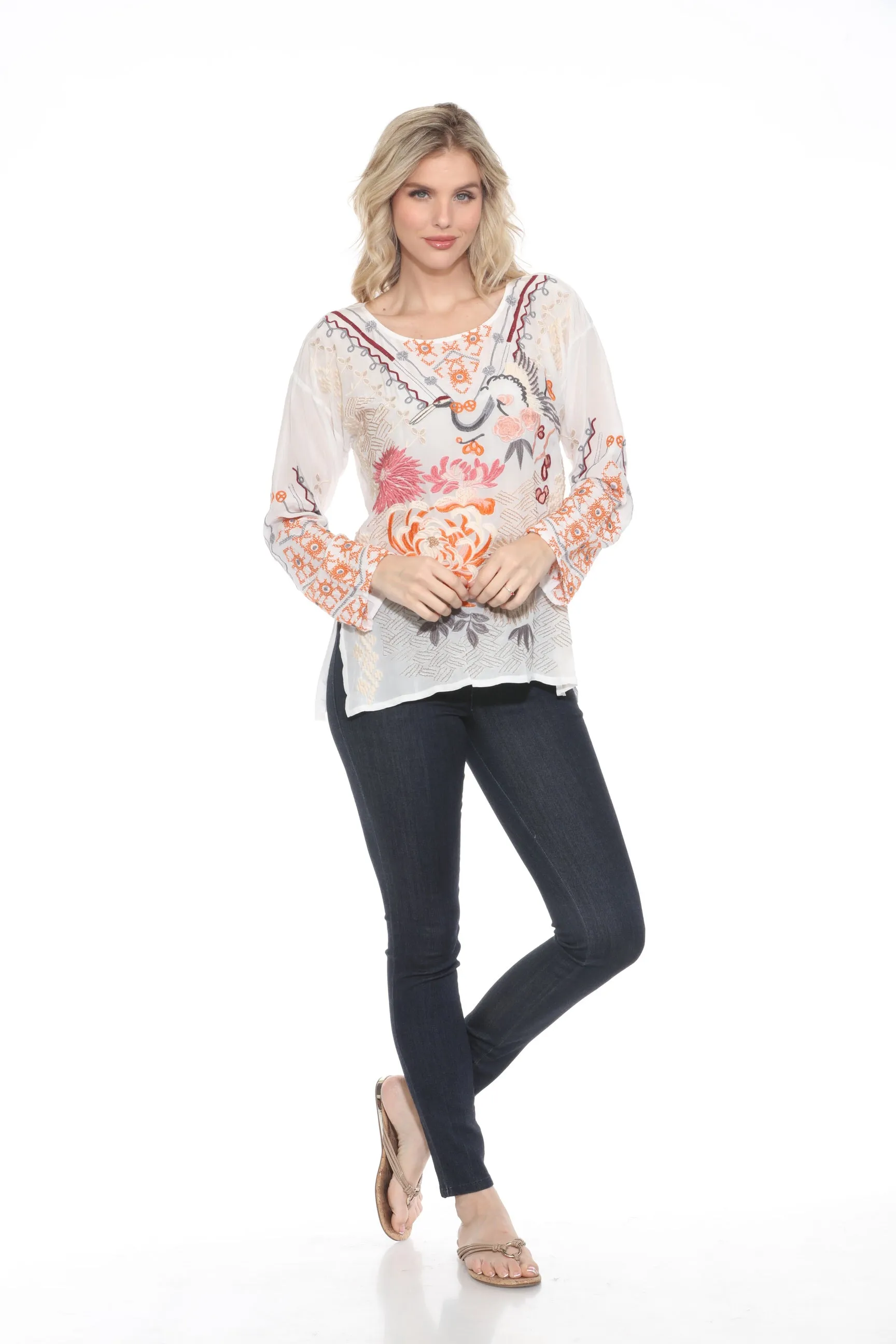 Johnny Was Biya White Charlize Embroidered Silk Blouse B17525A3