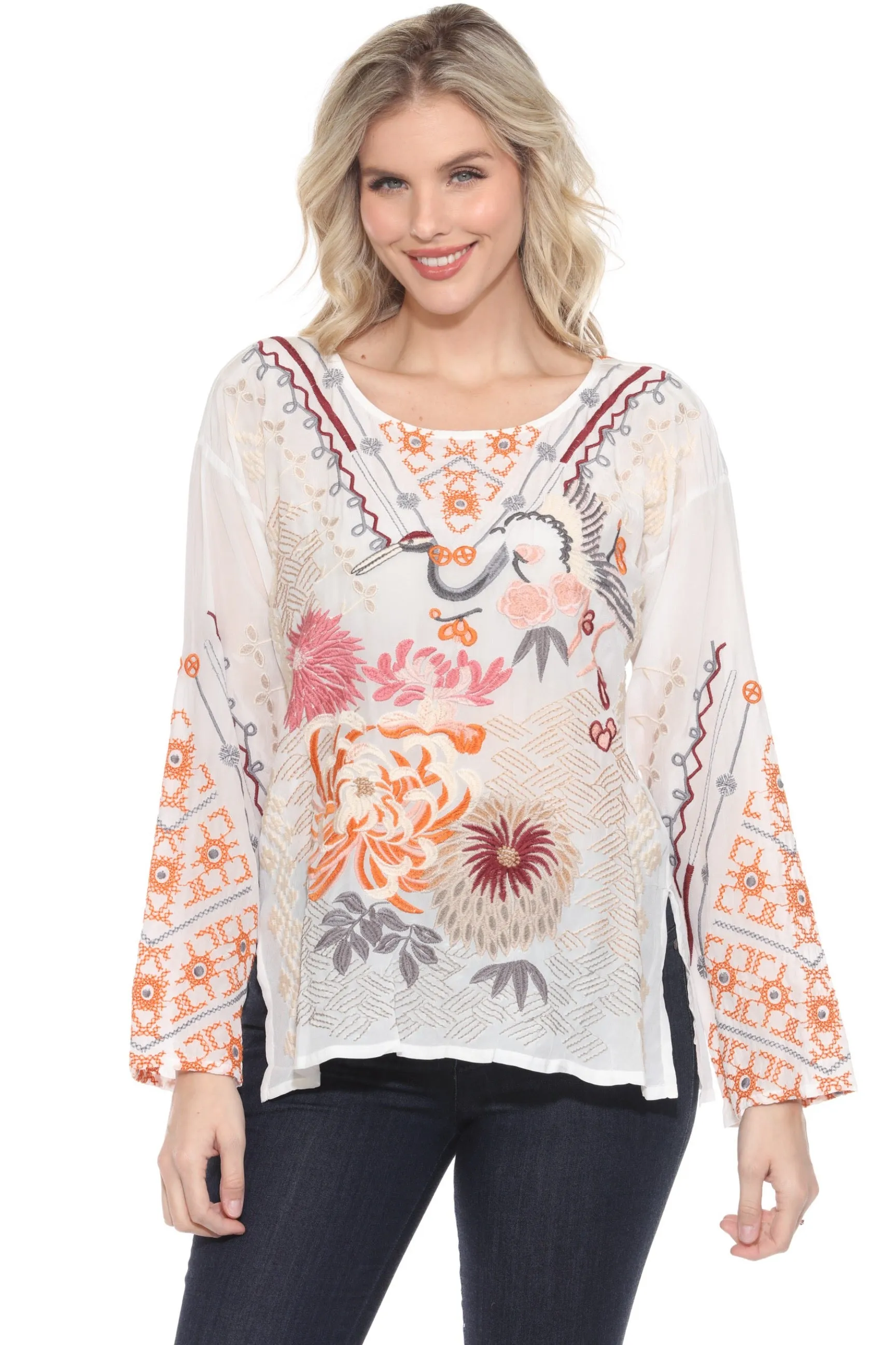 Johnny Was Biya White Charlize Embroidered Silk Blouse B17525A3