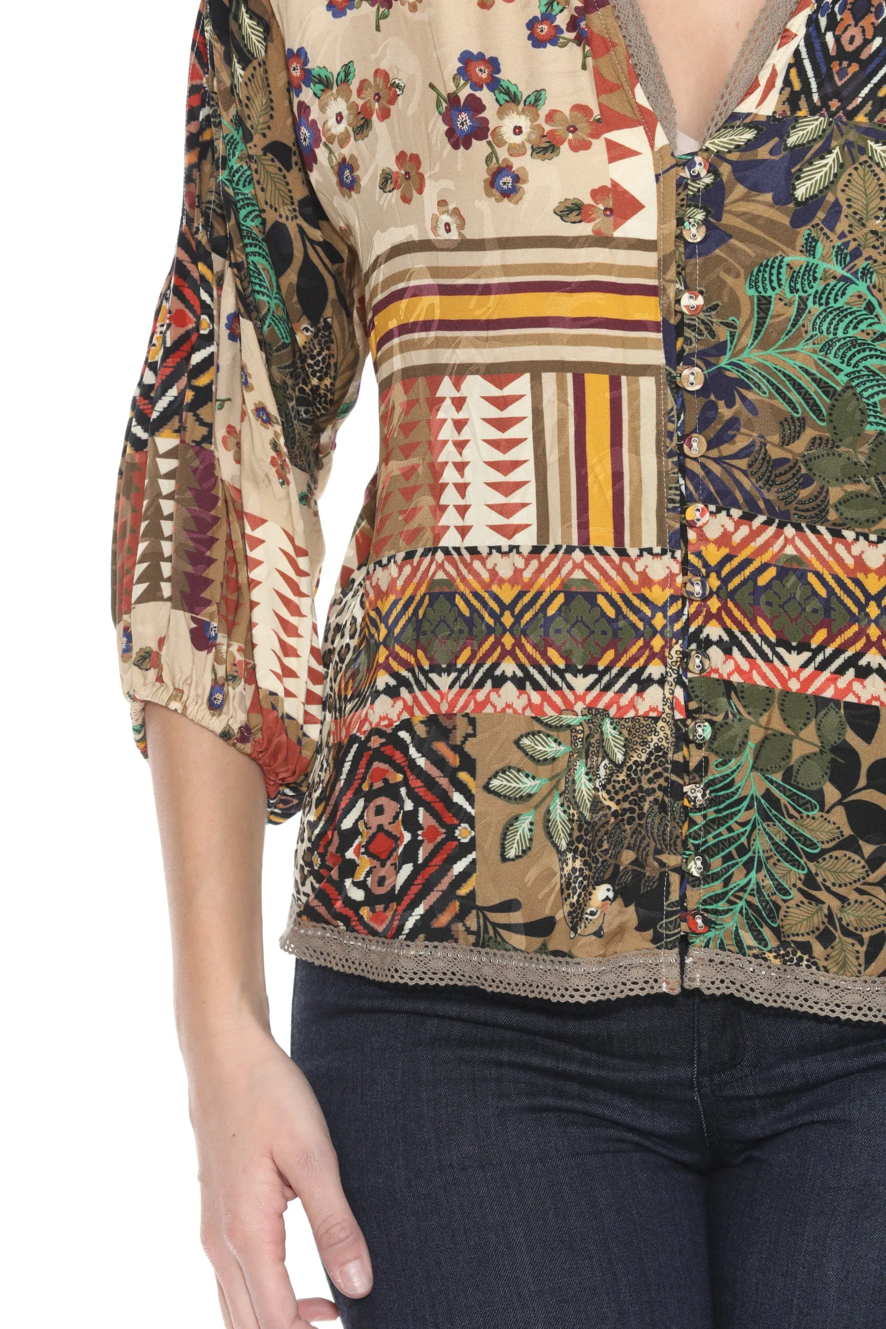Johnny Was Fria Patch Lola 3/4 Sleeve Blouse C16723B
