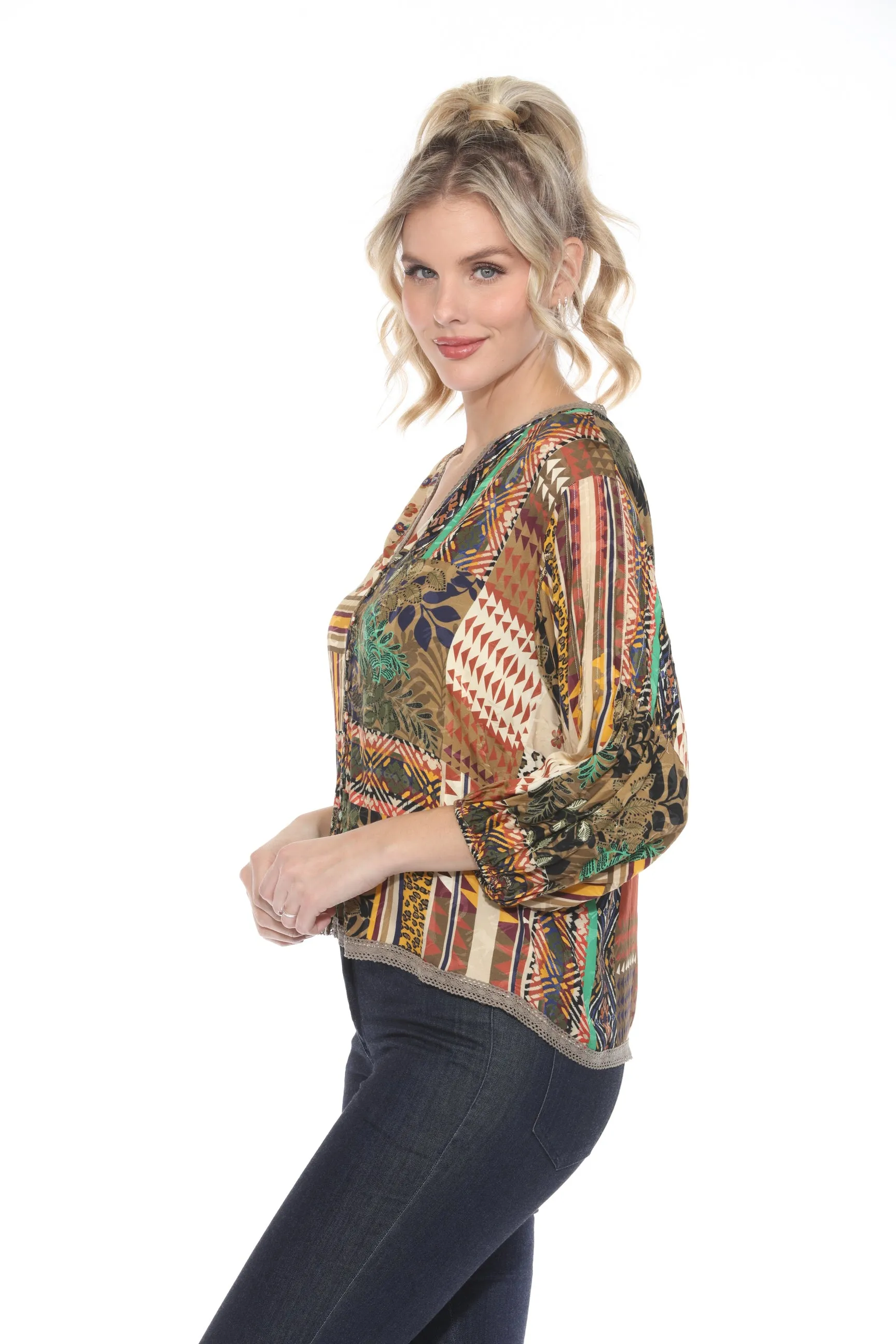 Johnny Was Fria Patch Lola 3/4 Sleeve Blouse C16723B